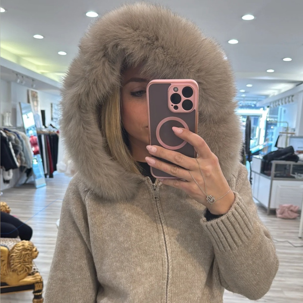 JESSICA BARA RIALIE FUR HOOD KNIT ZIP UP SWEATER